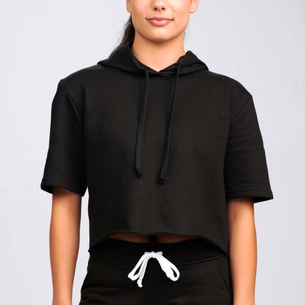 Studio Essentials Ladies Short Sleeve Raw Edge Crop Hoodie Thumbnail